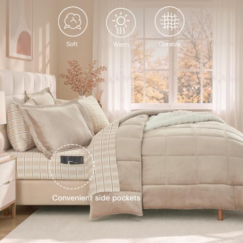 Plush Queen Comforter Set Light Taupe Flannel Velvet Bedding Sets