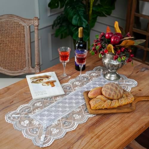 ARTABLE Light Grey Lace Table Runner Macrame Embroidered Scarf