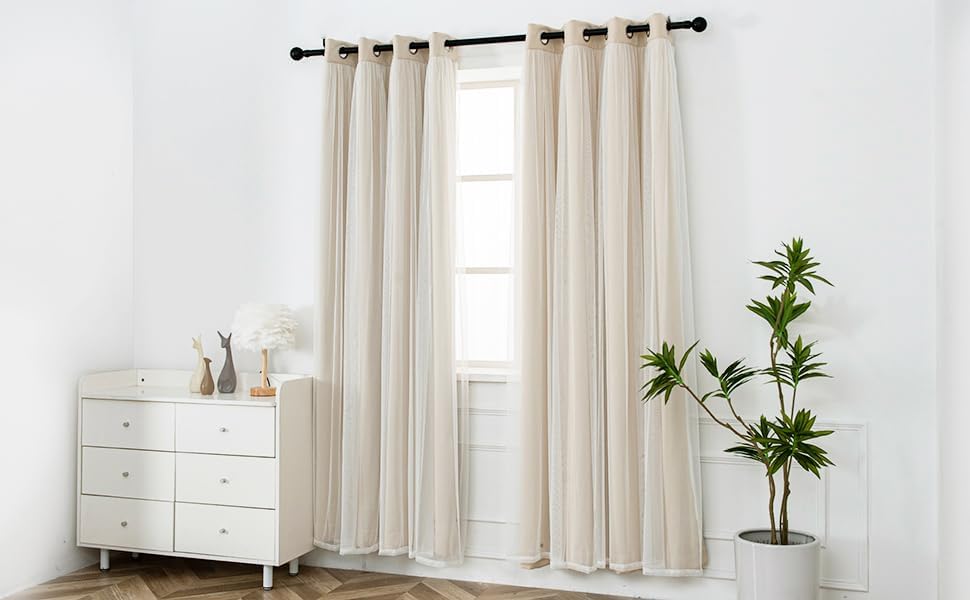 INLINAS Blackout Curtains with Sheer Overlay, Beige, 52x108 Inches