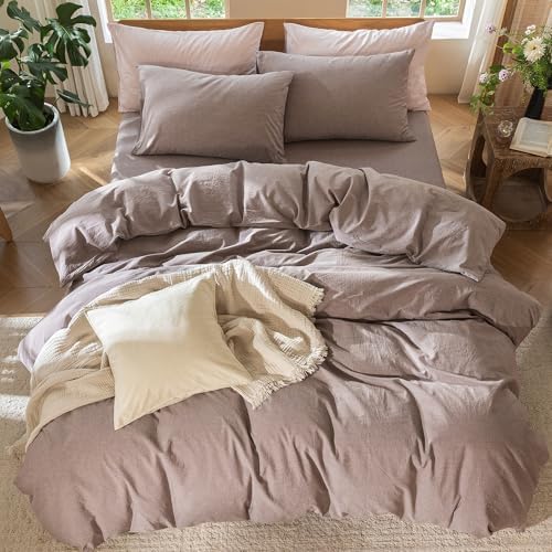MooMee Duvet Cover Set 100% Washed Cotton Linen Like Queen