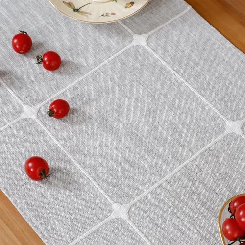 NEWISHER Rustic Embroidered Plaid Cloth Table Runner 72 inches, Grey