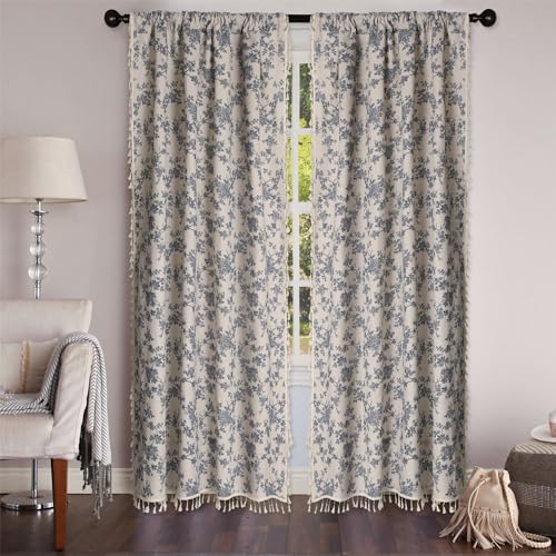 1 Pair Blue Floral Linen Curtains Rustic Country Style Light Filtering