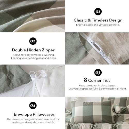 MILDLY Beige & Green Plaid Duvet Cover Set with Dual Zipper 8 Corner