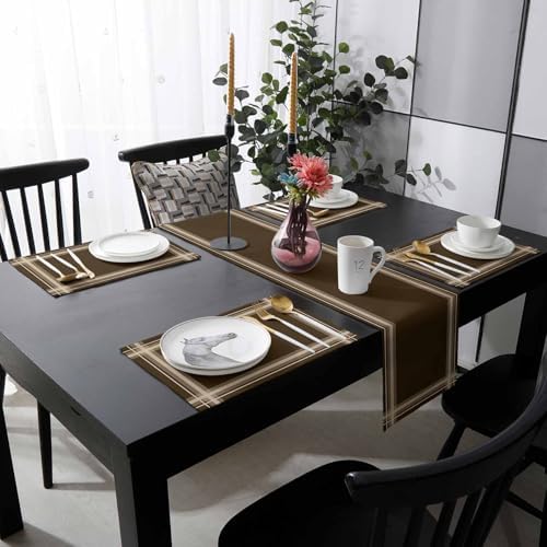 Minimalist Table Runner and Placemats Set of 4 Stripe Brown White