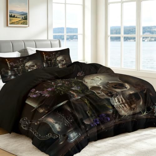 King Duvet Cover Set Retro Art Skull Flowers 3D Printed Bedding Sets