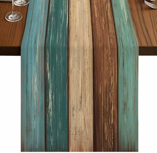 Cotton Linen Table Runner Dresser Scarves Retro Rustic Barn Wood&Teal
