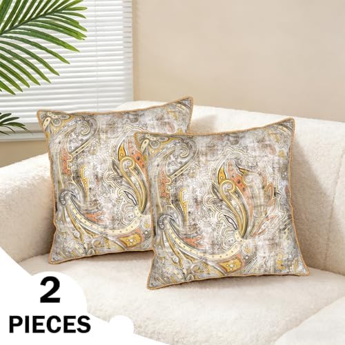 Paisley Floral Velvet Pillow Covers Set of 2 20x20 Inch Vintage White
