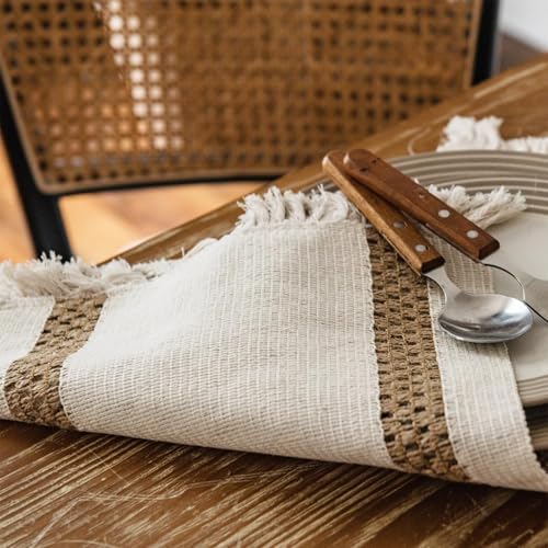 Niviy Boho Placemats Set of 4, 12x18 Inch Natural Cotton Burlap and