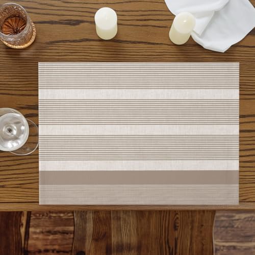 Brown Stripe Placemats Set of 4, Cotton Linen Fabric Place Mats