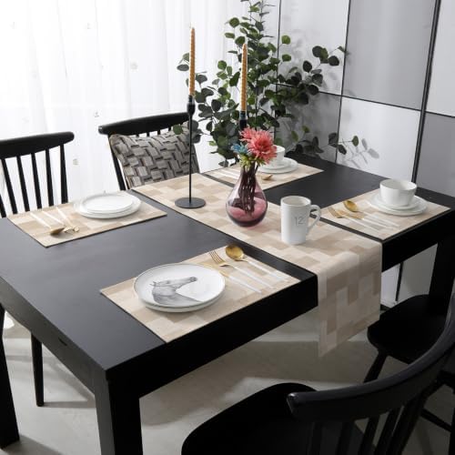 Cream Beige Checked Table Mats Set of 6 with Table Runner 90 Inches