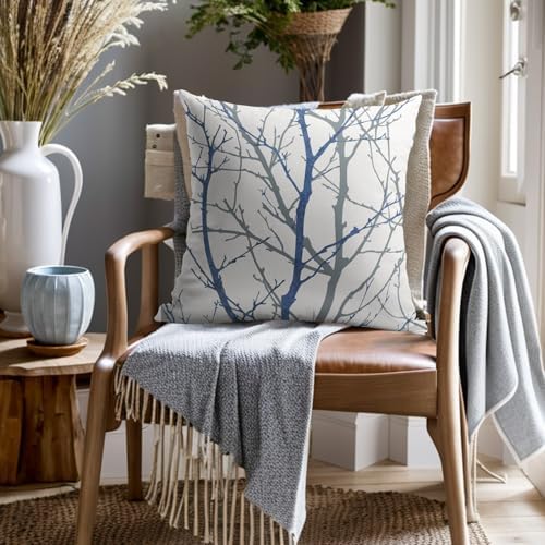 Navy Blue Gray Tree Pillow Covers 22x22 Inch Grey Blue Branch Print