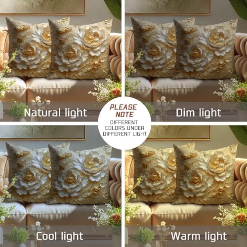 Gold Floral Pillow Covers Set of 2, Cream Peony Decorative Throw
