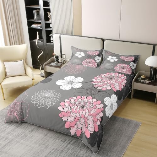 Feelyou Pink Gray Floral Boho Duvet Cover 100% Cotton Queen Size