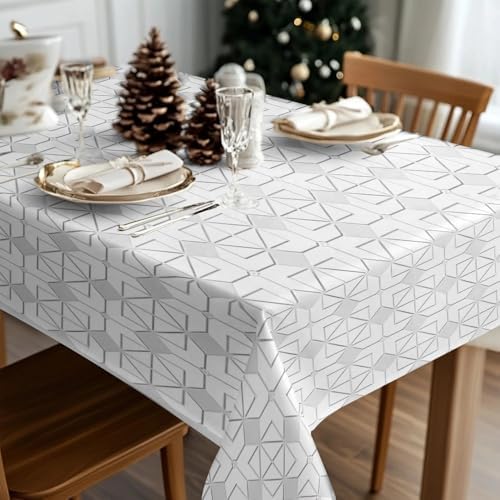 Gray-White Geometry Print Square Tablecloth, Waterproof Vinyl Table