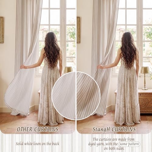 StangH Tan Linen Blend Stripe Curtains for Bedroom, W52 x L63, 2
