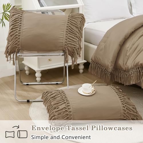 Andency Taupe Comforter Set King, 3 Pieces Boho Tassel Bedding