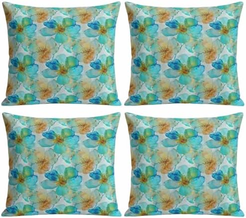 Teal Flower Pillow Covers Set of 4, Retro Abstract Watercolor Green