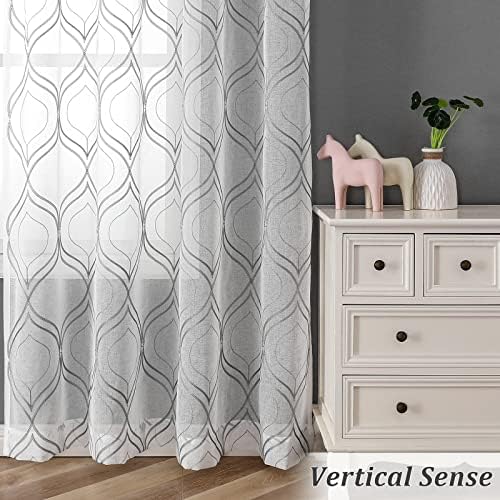 VISIONTEX White Sheer Curtains Grey Moroccan Embroidered 63 Inch