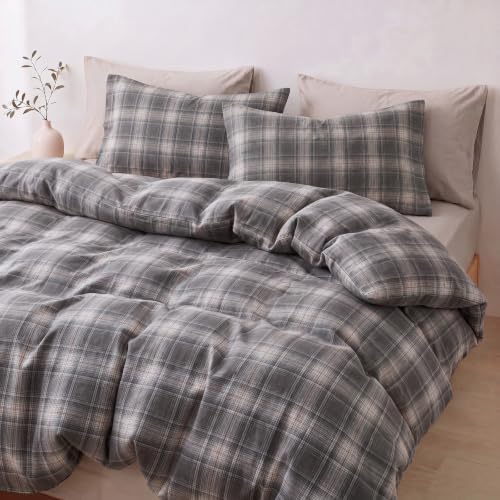 Gray Plaid Duvet Cover Set Queen Size, Tartan Plaid Washed Cotton