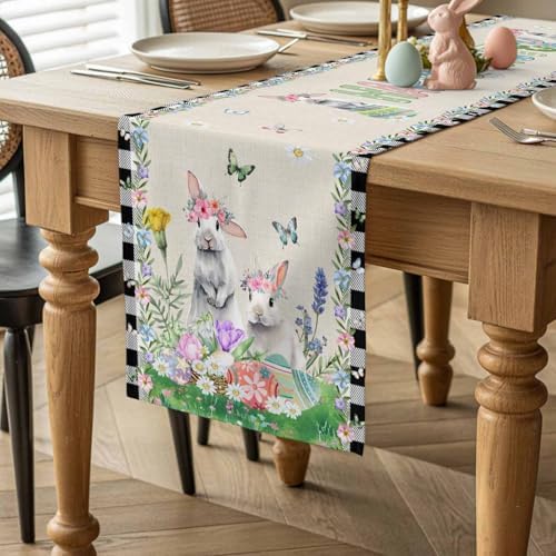 Table Runner 120 Inches Long, Spring Pastoral Flower Checkered Linen