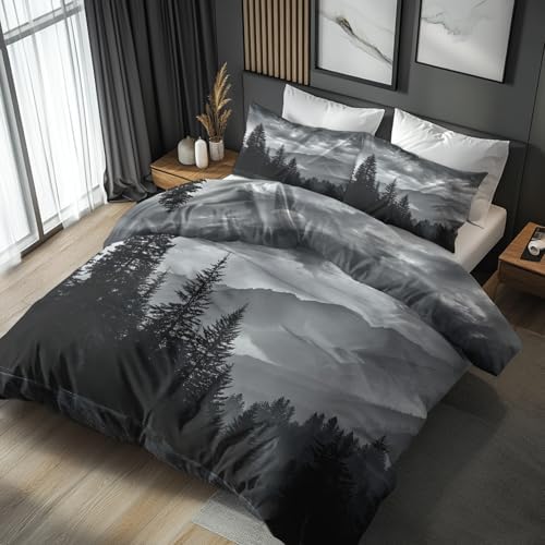 Grey Forest Duvet Cover King Size, Misty Mountain Pattern Bedding Set