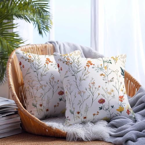 Cream Ivory Wildflower Meadow Throw Pillow Covers 18x18 Set of 2