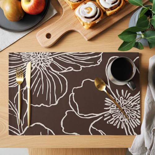 Placemats Set of 8, Brown Flowers Woven Placemat, Linen Place Mats for