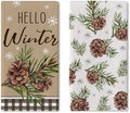 Hello Winter Brown Kitchen Dish Towel, Pine Cones Branches Snowflakes