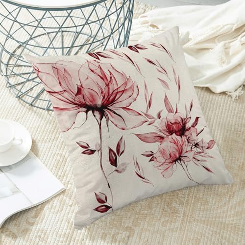 Spring Summer Pillow Covers 18x18 Set of 2 Vintage Burgundy Red Floral