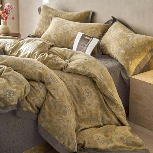 LifeTB Vintage Flower Duvet Cover King Yarn-Dyed Cotton Linen Textured