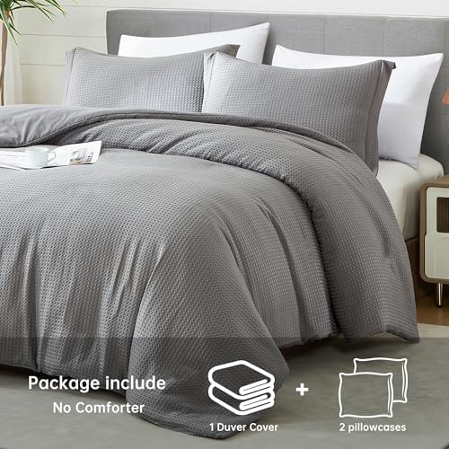 BOLINLIVING Waffle Weave Duvet Cover King Size, 3PCS Microfiber Duvet
