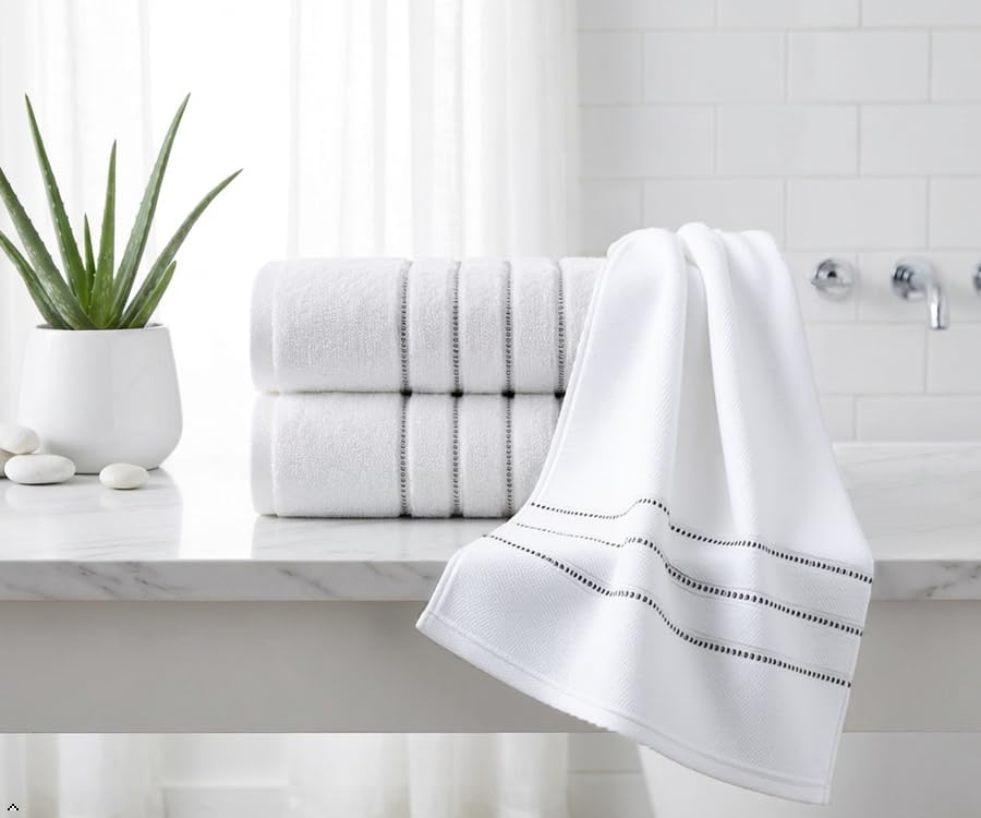 100% Cotton 550 GSM 6 Piece Towel Set: White (Gray Stripes)