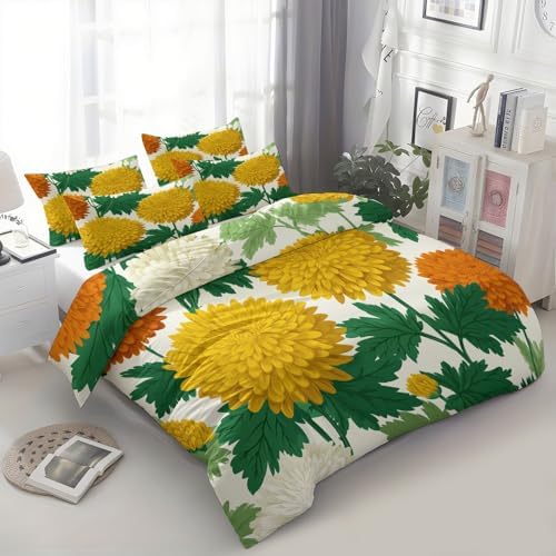 King Duvet Cover Set Retro Chrysanthemum and Sage Pattern Bedding Set