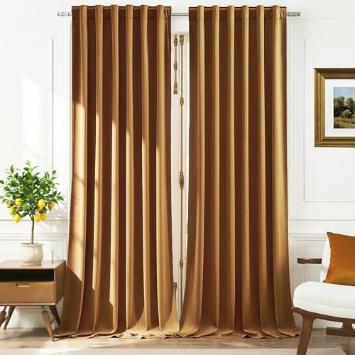 Timeper Gold Brown Velvet Blackout Curtains 52x120 inches, 2Pcs, Back