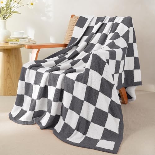 Whale Flotilla Checkered Knit Throw Blanket for Couch Bed Sofa, Grey