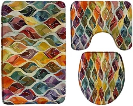 4 Pieces Bath Rugs Boho Abstract Leaves Mid Century Retro Colorful