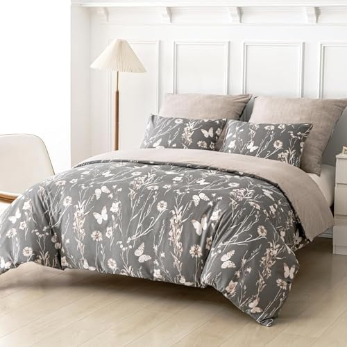 Branches Leaves Duvet Cover King Gray Bedding Set 3 Pcs Super Soft