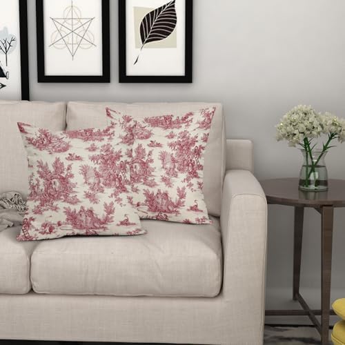 Red Toile Pillow Covers 18x18 Inch Set of 2 Burgundy and Beige French