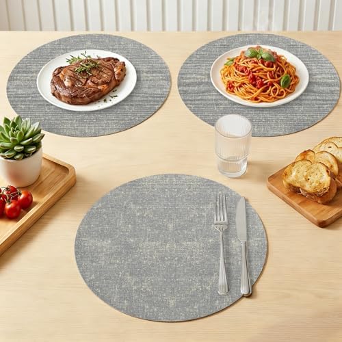 Minimalist Gray Faux Leather Placemats Set of 6, 15in, Waterproof Heat