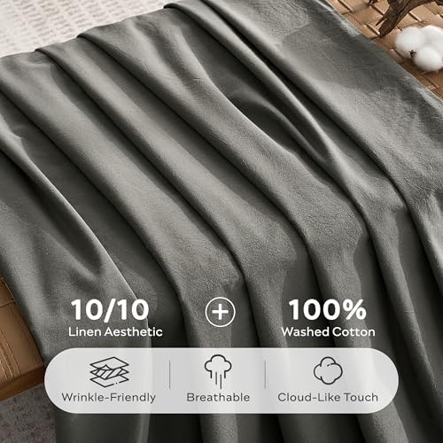 JELLYMONI 100% Cotton Queen Duvet Cover Set, Washed Linen-Like Texture