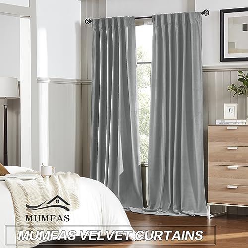 MUMFAS 120 inch Light Grey Velvet Blackout Curtains for Living Room