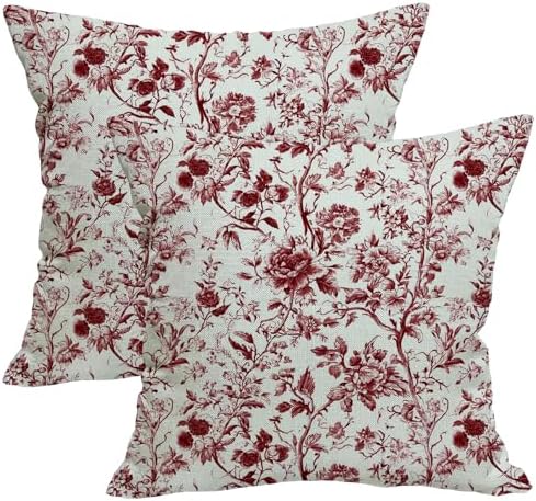 Spring Vintage Burgundy Red Floral Throw Pillow Covers 18x18 Set of 2