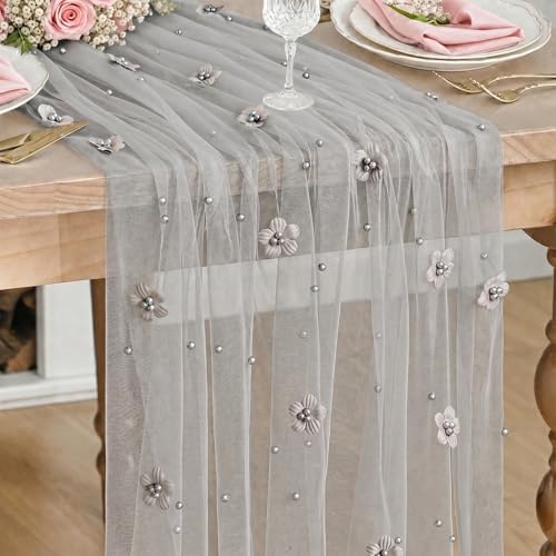 Artoid Mode Gray Flower Pearl Gray Gauze Table Runner 10FT, Seasonal