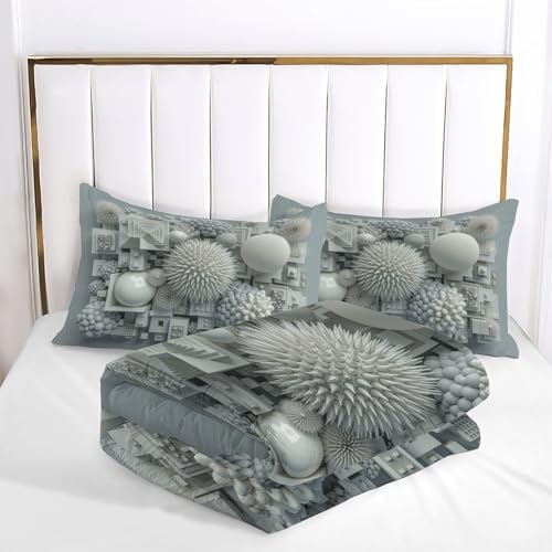 3D Modern Geometric Duvet Cover Set Queen, Gray 3 Pieces Bedding Sets