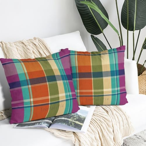 Green Orange Tartan Pillow Cover Classic Plaid 22x22 Inch Set of 2