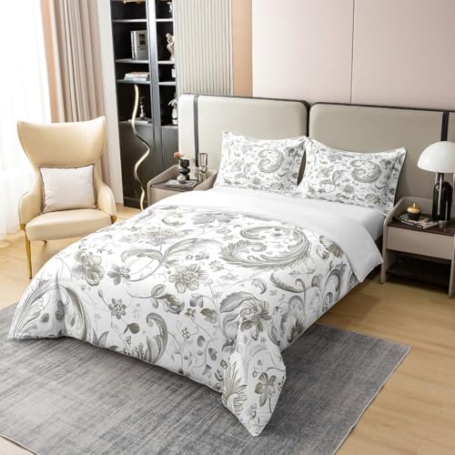 Gray Flowers 100% Cotton Duvet Cover Queen Size Garden Wild Blooming