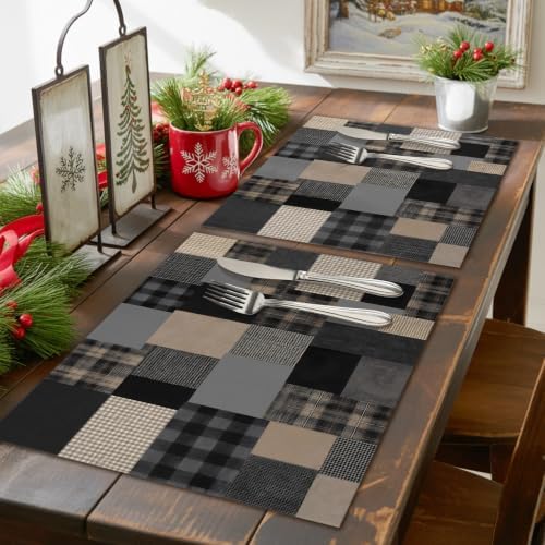 Gray Gingham Placemats Set of 8, Cotton Linen Fabric Place Mats