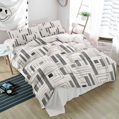 Duvet Cover Set Queen, Gray White Geometric Blocks 3 Piece Bedding Set