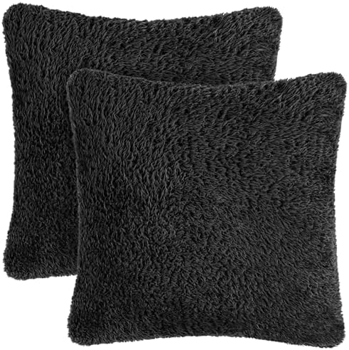 PAVILIA Soft Fluffy Sherpa Throw Pillow Covers Case, Black, 18x18 Set