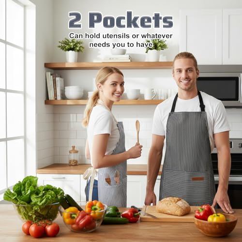 6 Pcs Kitchen Cooking Aprons with Pockets Adjustable Stripes Bib Soft